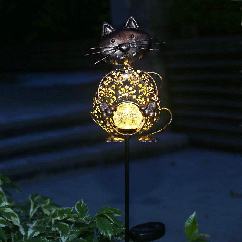 KAIXOXIN Garden Solar Lights Metal Cat Crackle Glass Globe Stake Light Waterproof Warm White LED Solar Path Lights (Cat-Bronze) - Image 5